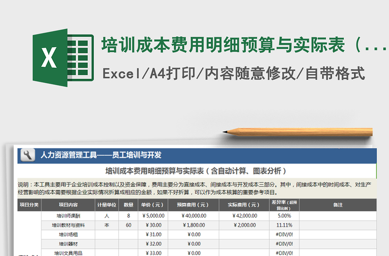 培训成本费用明细预算与实际表（含自动计算、图表分析