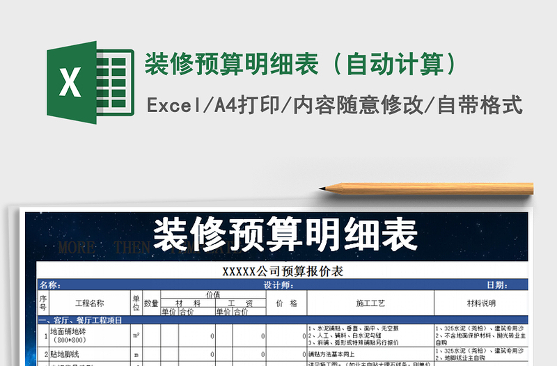 2024年装修预算明细表（自动计算）exce表格免费下载