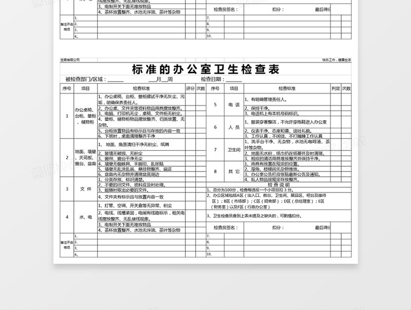 标准办公室卫生检查表下载