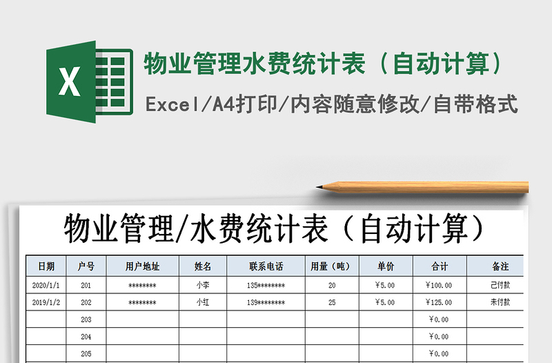 2025年物业管理水费统计表（自动计算）