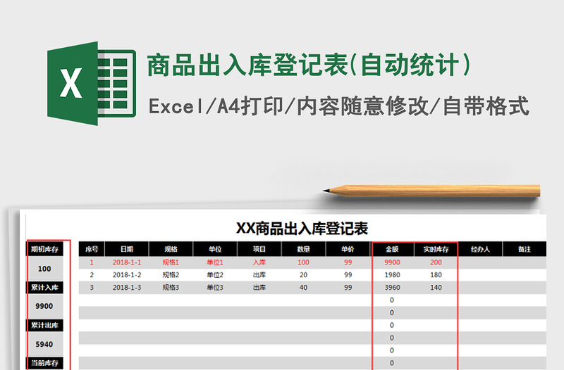 2025年商品出入库登记表(自动统计）