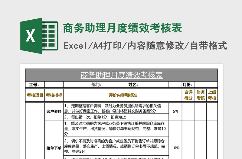 商务助理月度绩效考核表免费下载