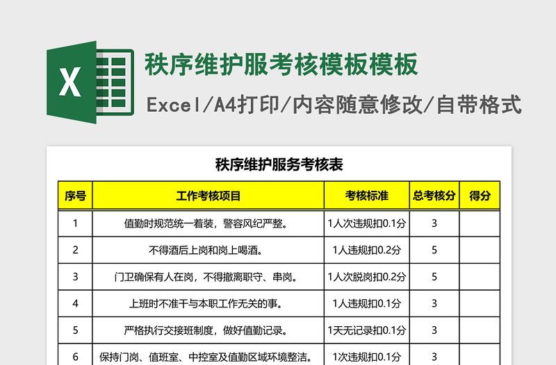 秩序维护服考核模板excel表格模板