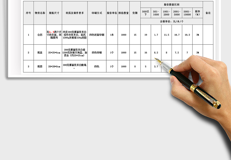 2025年礼盒印刷采购报价表格模板