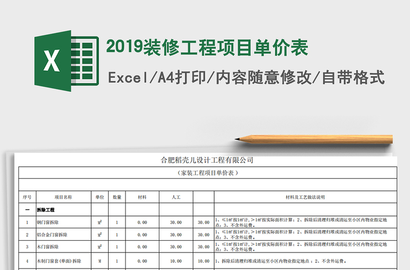 2025年2019装修工程项目单价表