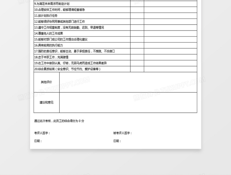 企业员工绩效考核评价表通用模板下载