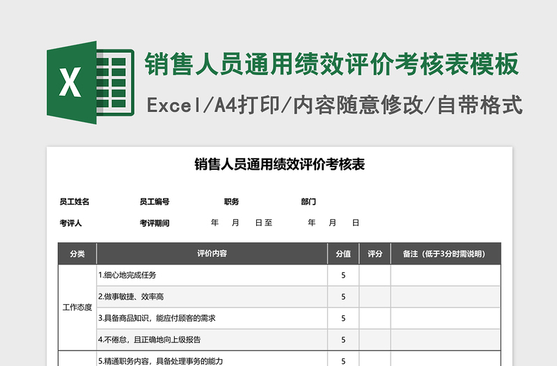 销售人员通用绩效评价考核表excel模板