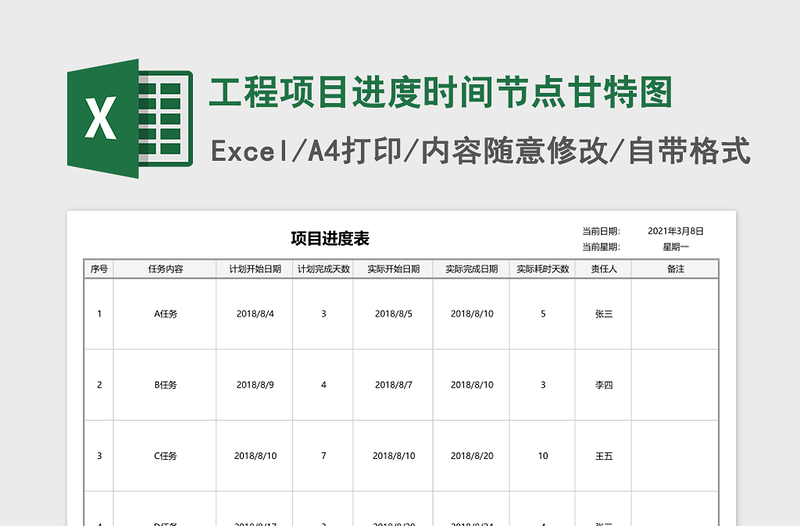 工程项目进度时间节点甘特图Excel表格模板