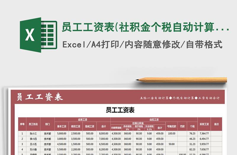 2025年员工工资表(社积金个税自动计算)