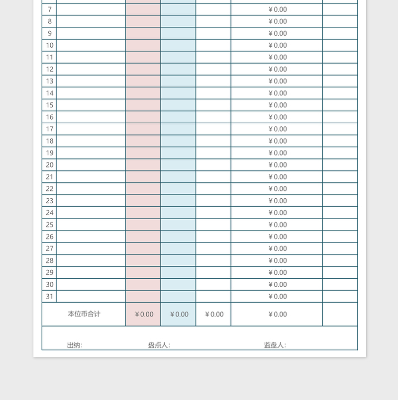 库存现金及银行存款盘点核对表excel表格下载