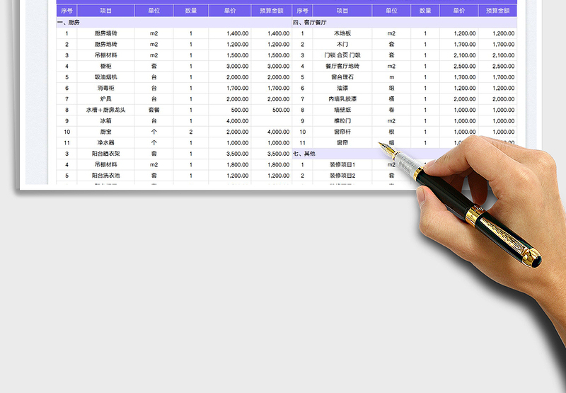 2024装修预算明细表-自动计算excel表格