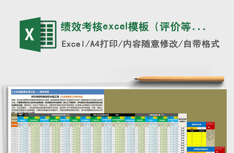 绩效考核excel模板（评价等级转换分值）