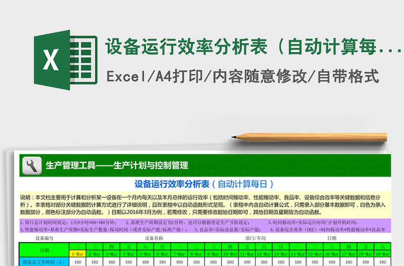 2024年设备运行效率分析表（自动计算每日）exce表格免费下载