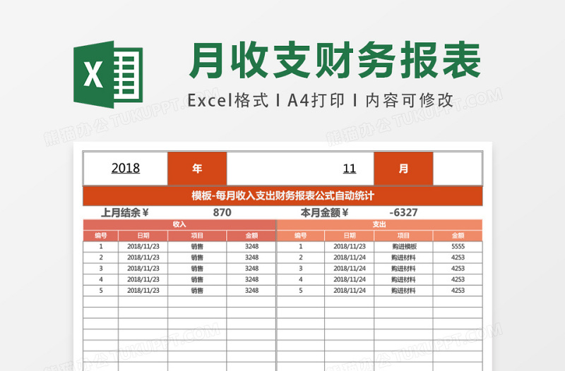 每月收入支出财务报表自动统计表excel模板