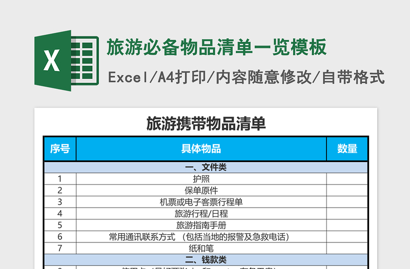 旅游必备物品清单一览excel模板