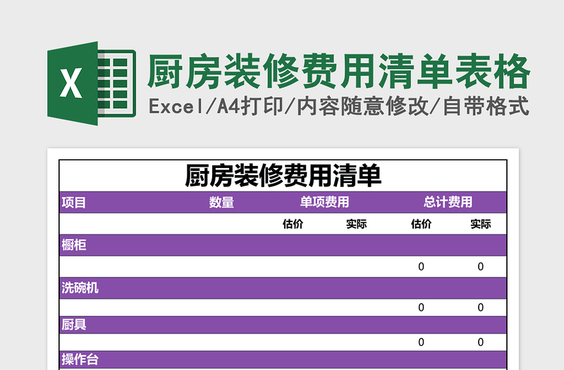 2025厨房装修费用清单表格excel模板