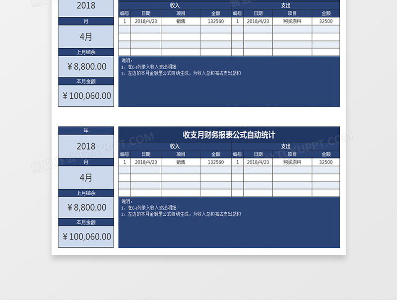 收支月财务报表公式自动统计excel表格下载