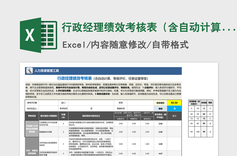 2025年行政经理绩效考核表（含自动计算、等级评价)