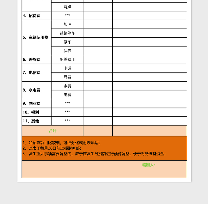 月度部门财务预算表格免费下载