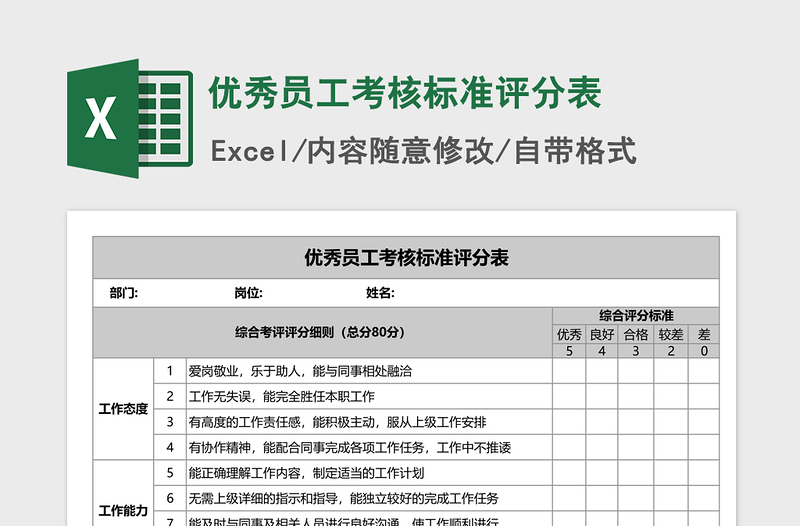 2024年优秀员工考核标准评分表免费下载