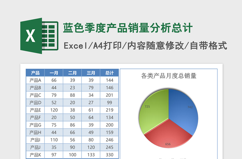 蓝色季度产品销量分析总计excel表格下载