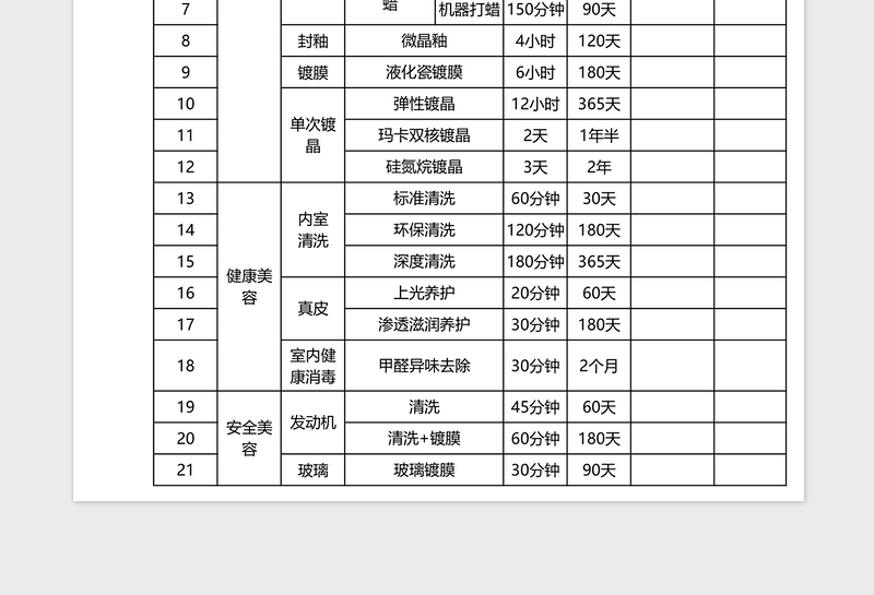 汽车保养维修报价表excel模板