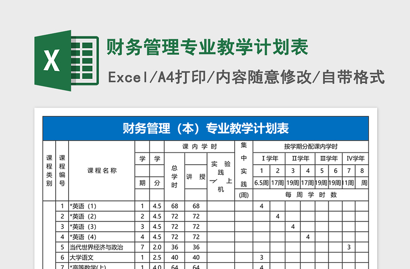 2025财务管理专业教学计划表excel模板