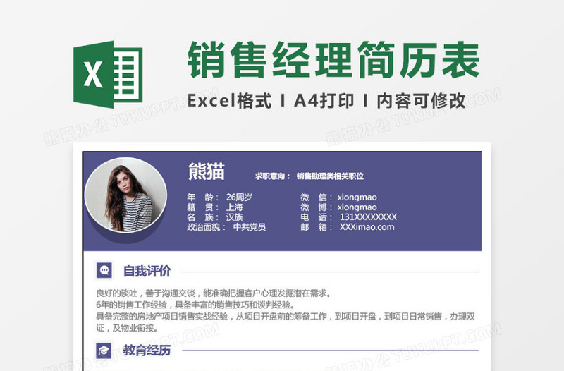 简洁销售经理Excel简历表格模板