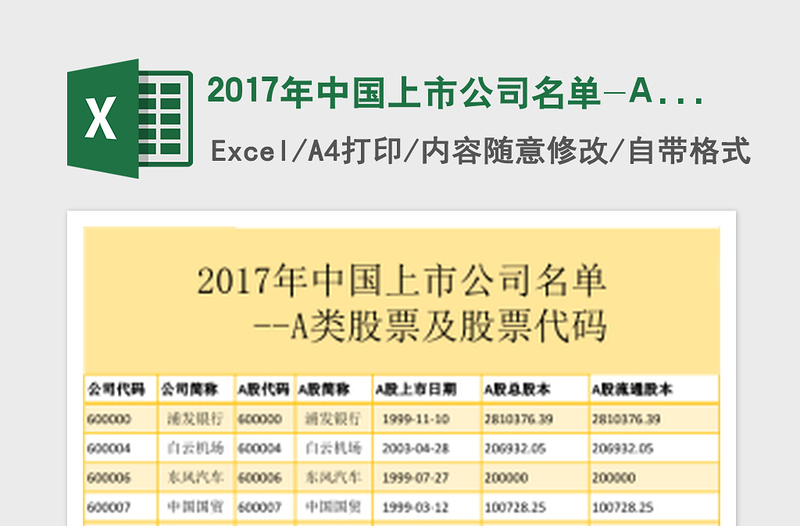 2017年中国上市公司名单-A类股票及股票代码exce表格