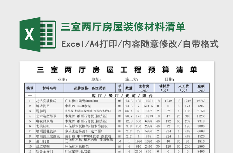 三室两厅房屋装修材料清单免费下载