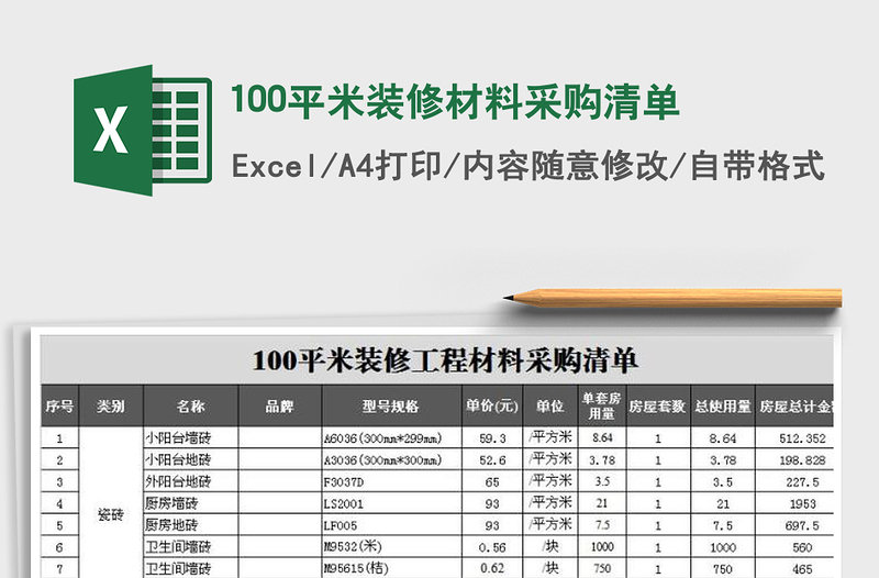 2025年100平米装修材料采购清单