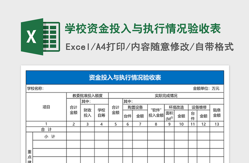 2025学校资金投入与执行情况验收表Excel表格