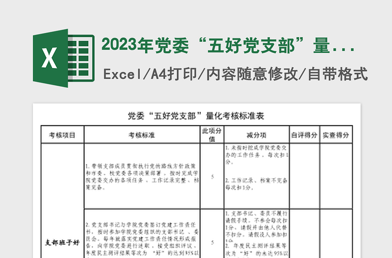 2024年党委“五好党支部”量化考核标准表免费下载