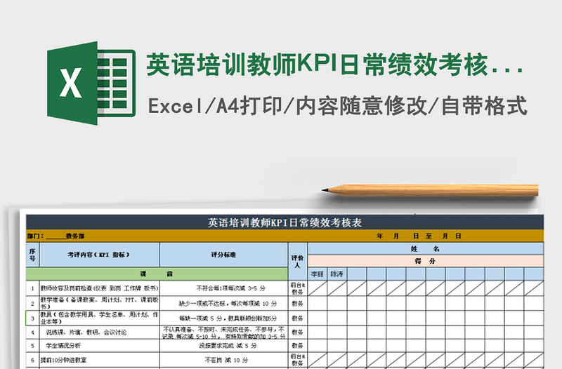 英语培训教师KPI日常绩效考核表