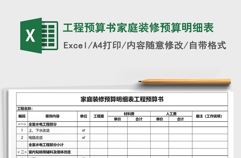 2025年工程预算书家庭装修预算明细表