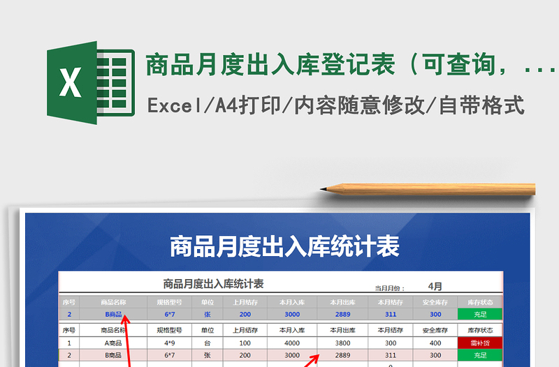 2025年商品月度出入库登记表（可查询，带安全库存）