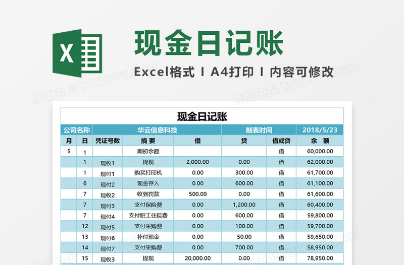 2018现金日记账excel表格下载