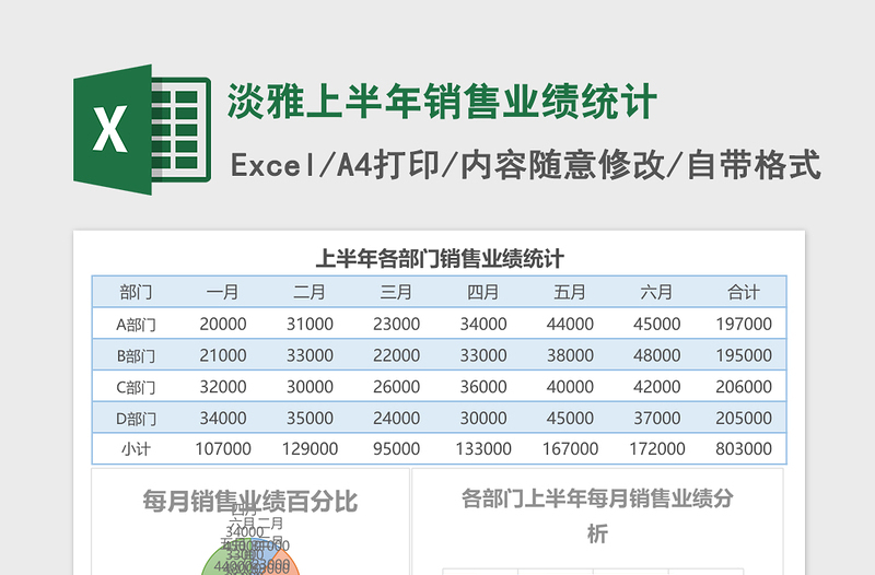 淡雅上半年销售业绩统计excel表格下载