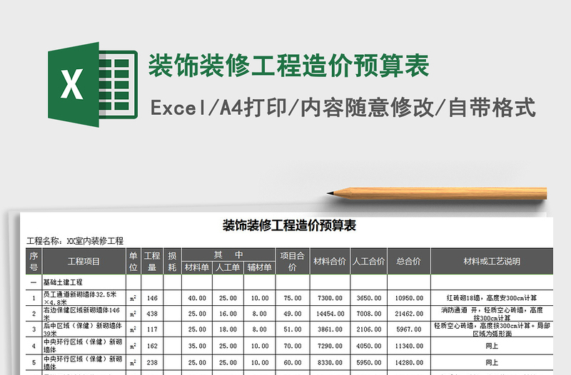 2025年装饰装修工程造价预算表