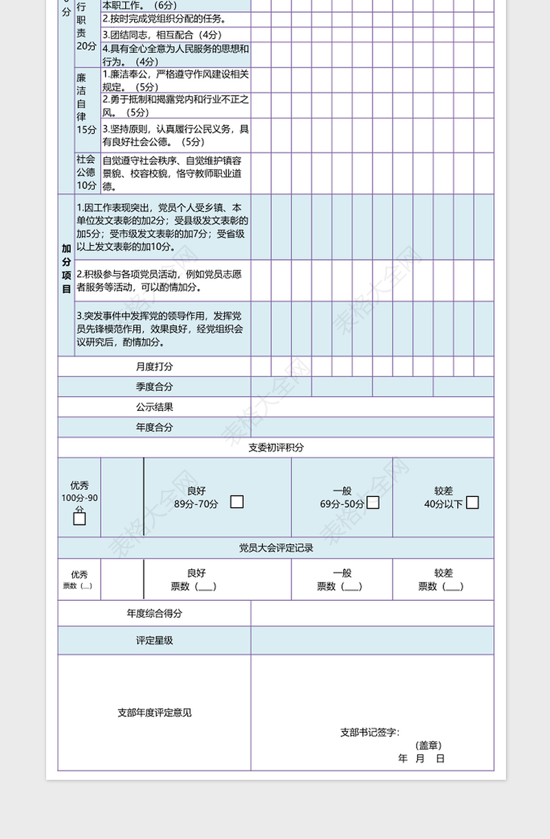 2024简洁风党支部党员积分登记表excel表格
