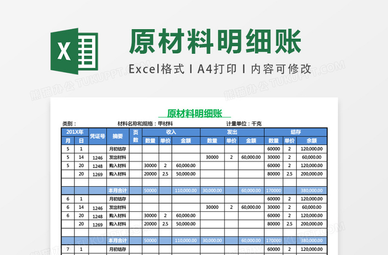 2025绿色账本风格原材料数量金额式明细账excel表格模板