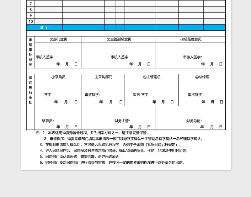 物资采购申请表模板excel模板