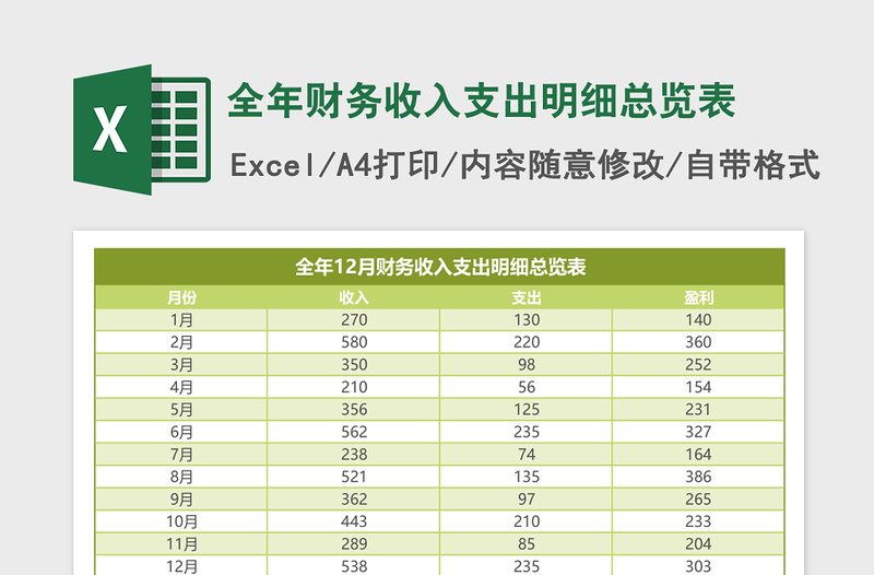 全年财务收入支出明细总览表excel表格下载