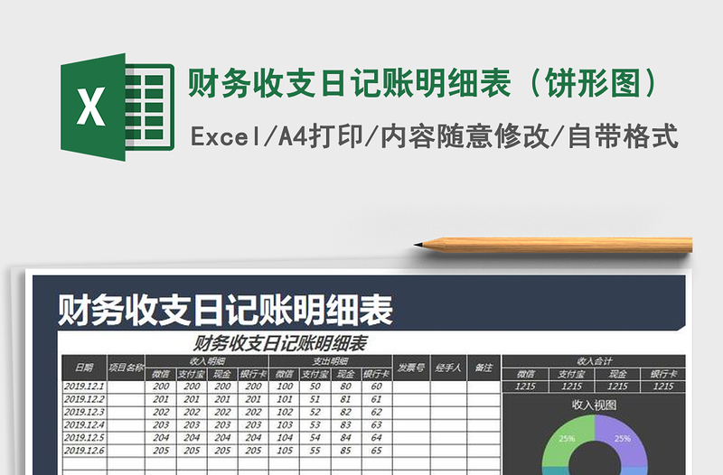 2025年财务收支日记账明细表（饼形图）