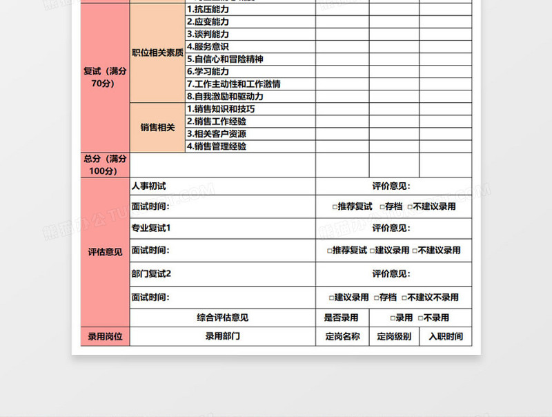 销售类面试评价表excel表格下载