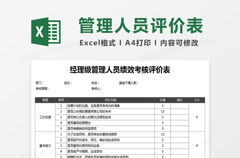 经理级管理人员绩效考核评价表下载