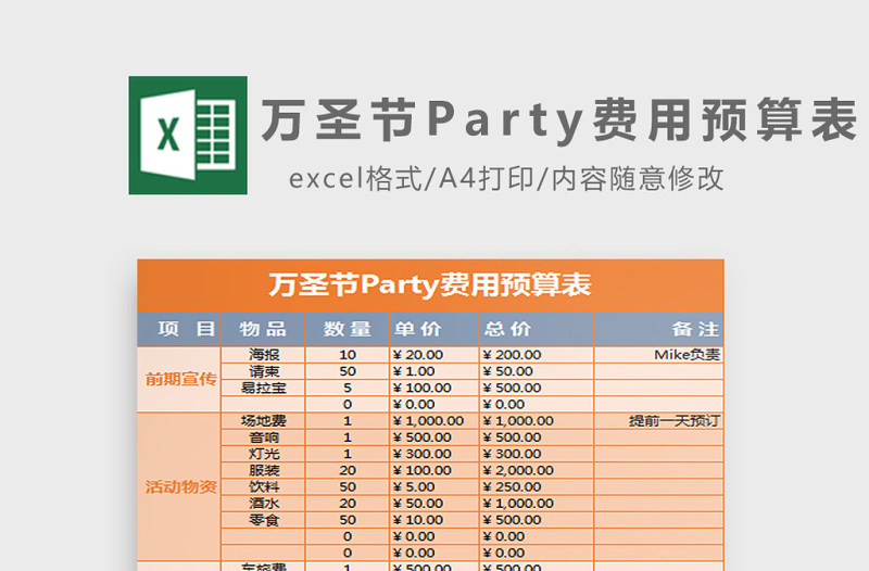 万圣节Party费用预算表excel表格下载