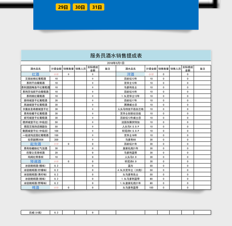 服务员酒水销售提成表管理系统免费下载