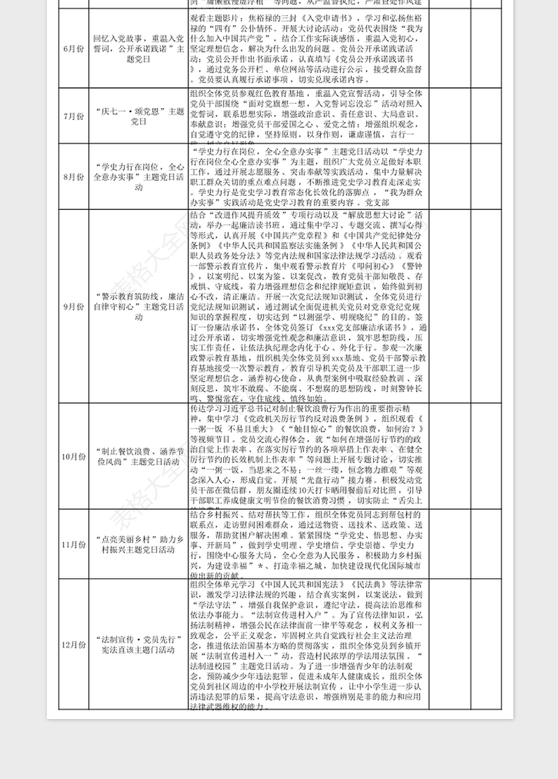 2024年党支部年度党建活动计划表格模板