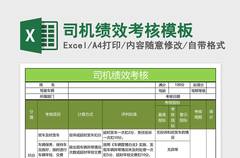 司机绩效考核excel表格模板